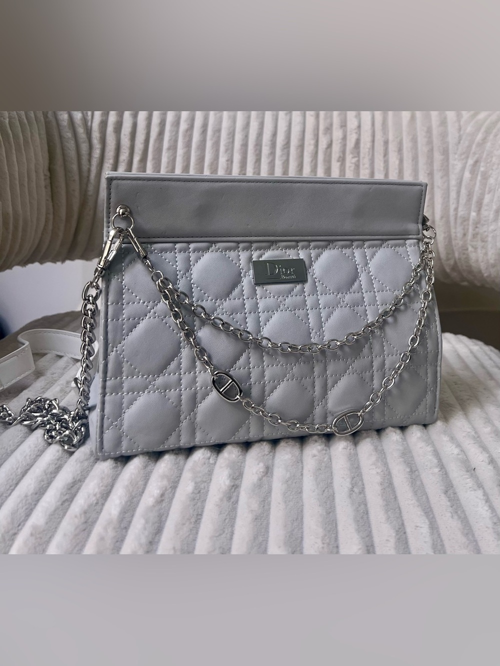 Rare Dior Quilted Light Gray Upcycled Beauty to Handbag with Removable Straps